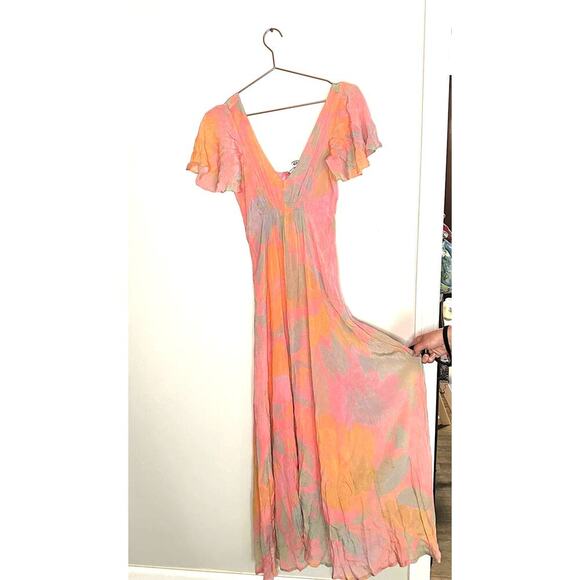 VEDA Multi Corazon Maxi XL Short Sleeve Double-V Neck Empire Smocked Pastel M - Picture 6 of 16